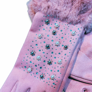Embellished Sherpa-Lined Texting Glove with Fur Cuff