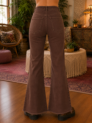 Mineral Wash Bootcut Jeans with Reinforced Raw Hem - Rum Brown