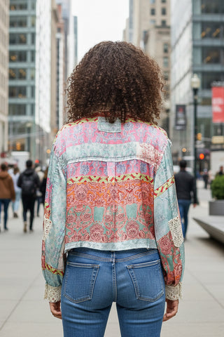 Satin Crochet Lace Patch Floral Jacket  Top