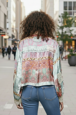 Satin Crochet Lace Patch Floral Jacket  Top