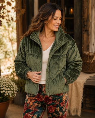 Diamond Quilted Velour Puffer Jacket - Olive