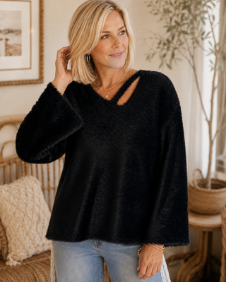 Midnight Mischief Sweater – Eyelash Knit Bell Sleeve Pullover with Strappy Neckline