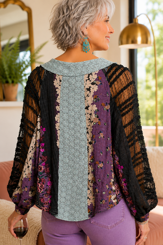 Floral Lace Sleeve Blouse – V-Neck Top with Grommets & Sheer Contrast Detail