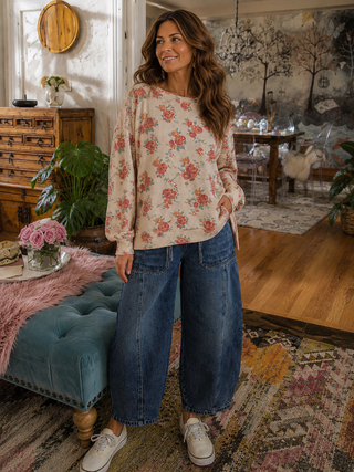 Sunday Stroll Sweatshirt – Oversized Rose Print Waffle Knit Pullover