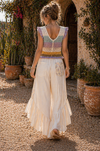 Floral Patchwork Ruffle Pant – Flowy Boho Pants with Asymmetrical Hem