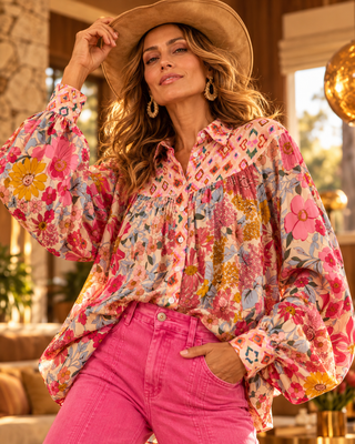 Mixed Print Boho Blouse with Shirring
