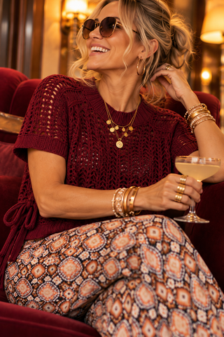 Short Sleeve Chunky Crochet Top with Side Ties - Wine