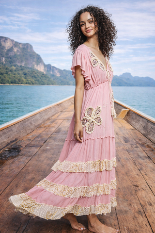 Ruffle Trim Maxi w/ Embroidery & Sequin Detail