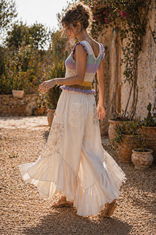 Floral Patchwork Ruffle Pant – Flowy Boho Pants with Asymmetrical Hem