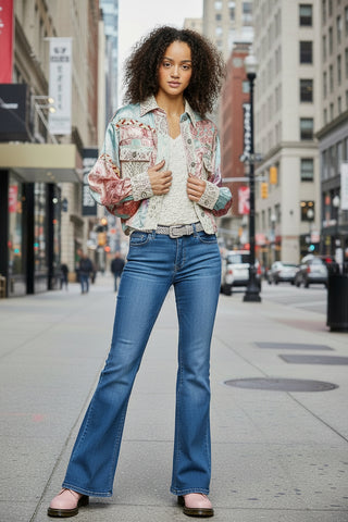 Satin Crochet Lace Patch Floral Jacket  Top