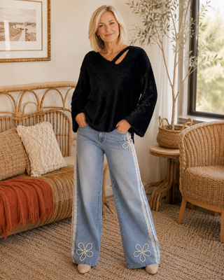 Midnight Mischief Sweater – Eyelash Knit Bell Sleeve Pullover with Strappy Neckline