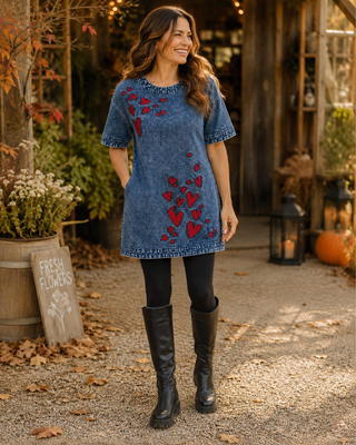 Heart Embroidered Denim Dress