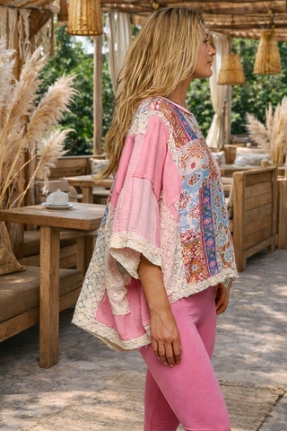 Short Sleeve Double Gauze Patchwork Top