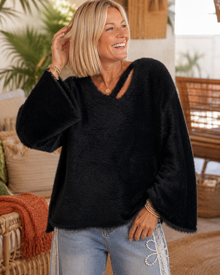 Midnight Mischief Sweater – Eyelash Knit Bell Sleeve Pullover with Strappy Neckline