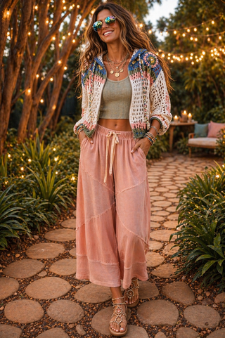 Crochet Zip-Up Hoodie with Floral Appliqués – Lightweight Open Knit Boho Layer