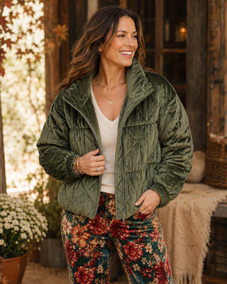 Diamond Quilted Velour Puffer Jacket - Olive
