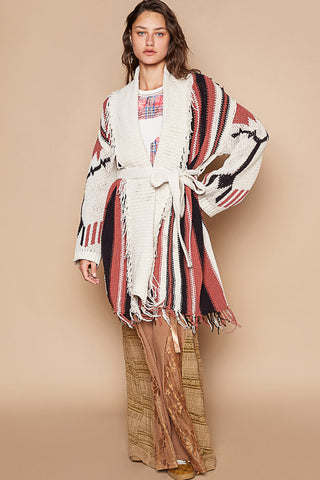 Fringed Tribal Striping Sweater Cardi w/ Belt