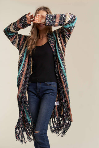 Longline Multi-Stripe Sweater Cardi with Tassels