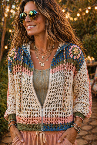 Crochet Zip-Up Hoodie with Floral Appliqués – Lightweight Open Knit Boho Layer