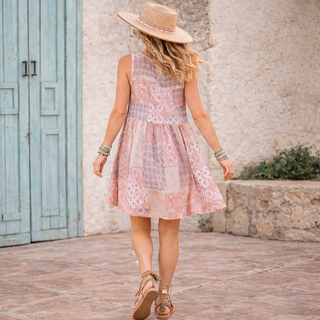 Patchwork Print Babydoll Mini Dress – Soft Jersey Boho Swing Dress for Women