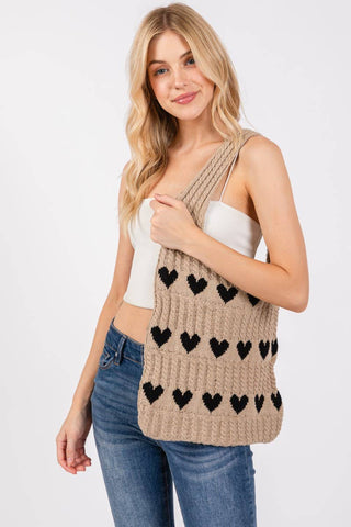 Crochet Knit Hearts Tote Bag