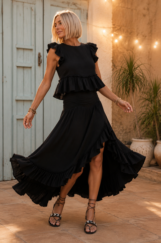 Moonlit Romance Set - Ruffle Trim Top & Side Slit Midi Skirt