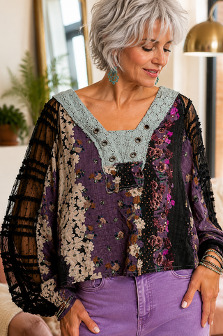 Floral Lace Sleeve Blouse – V-Neck Top with Grommets & Sheer Contrast Detail