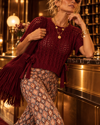 Short Sleeve Chunky Crochet Top with Side Ties - Wine