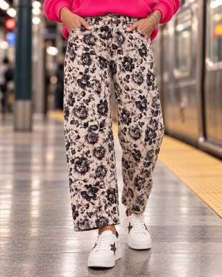 Rose Print Twill Barrel Pants