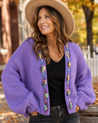 Chunky Multicolor Trim Open Sweater Cardigan
