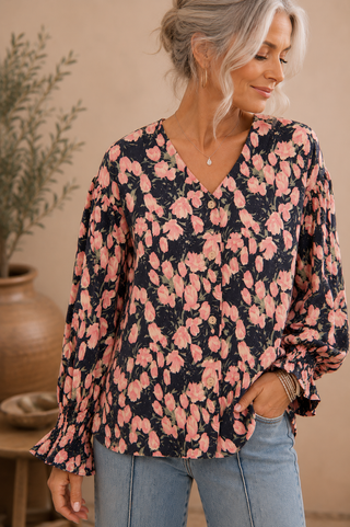 Corduroy Floral V-Neck Button Front Blouse – Romantic Balloon Sleeve Top with Ruffle Cuffs