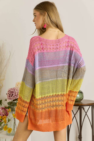 Deep V Colorblock Crocheted Pullover