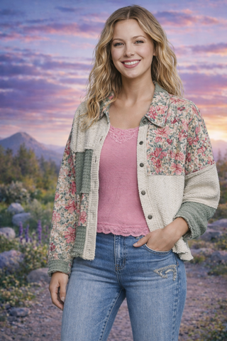 Floral Lace Patchwork Twill Jacket – Textured Boho Layer for Women