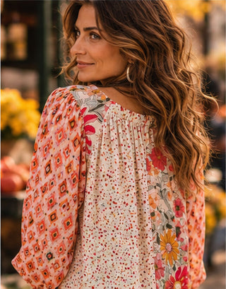 Long Sleeve Pattern Interrupt Peasant Top