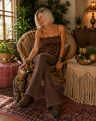 Mineral Wash Bootcut Jeans with Reinforced Raw Hem - Rum Brown