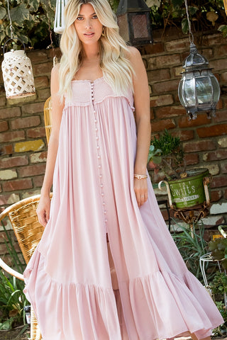 Dreamy Button Front Smocked Maxi Dress - Blush