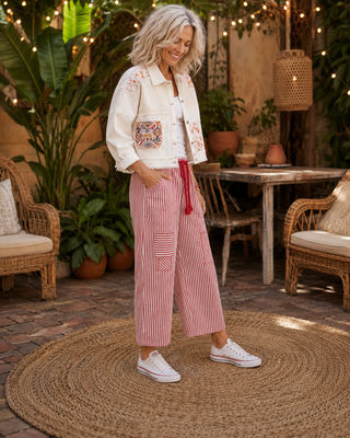 Striped Twill Barrel Leg Pant with Cargo Pockets