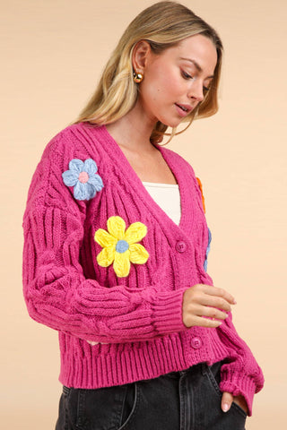 Handmade Button Cardi with Flower Appliqués