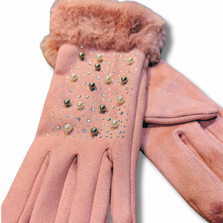 Embellished Sherpa-Lined Texting Glove with Fur Cuff