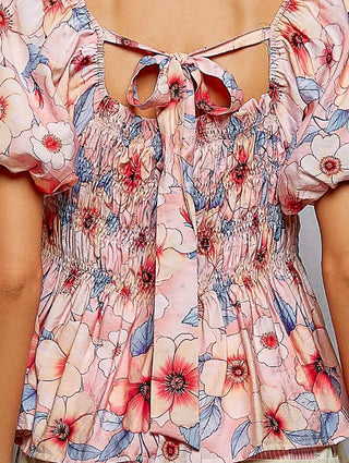 Floral Smocked Peplum Blouse – Puff Sleeve Top with Tie-Back Detail