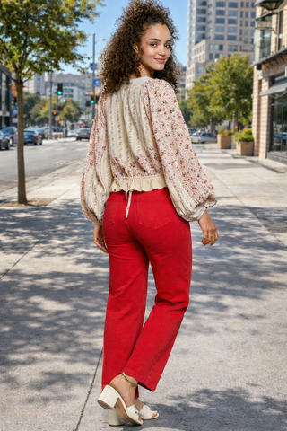 V-Neck Balloon Sleeve Lace Up Floral Ruffle Top