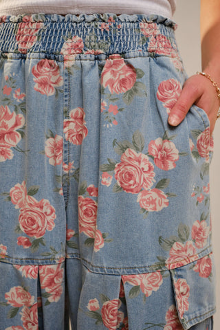 Rose Print Smocked Wide Leg Denim Pant - Casual Pleated Cargo Boho Jeans