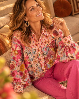 Mixed Print Boho Blouse with Shirring