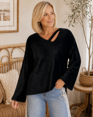 Midnight Mischief Sweater – Eyelash Knit Bell Sleeve Pullover with Strappy Neckline