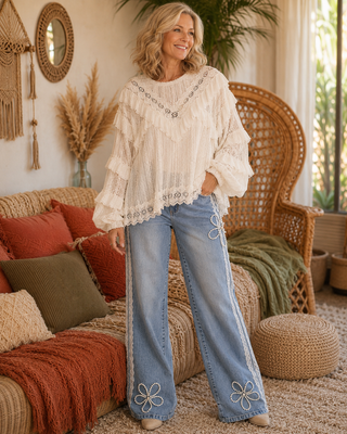Pearl Embellished Wide Leg Jeans with Lace Trims
