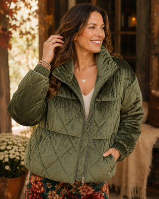 Diamond Quilted Velour Puffer Jacket - Olive