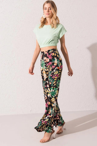 Flowy Tropical Print Wide Leg Pant