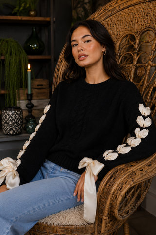 Wrapped in Wonder Sweater – Cable Knit Sweater with Statement Ribbon Sleeves