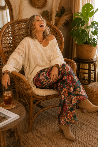 Floral Velvet Flares - Multicolour Pull-On Statement Pants