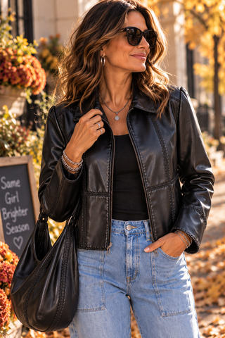 Butter Soft Vegan Leather Semi-Crop Panel Stitch Jacket
